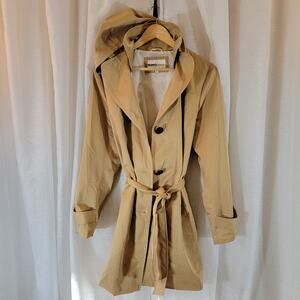 Momo Maternity Women’s Tan Hooded Trench Coat Jacket Belted Size L